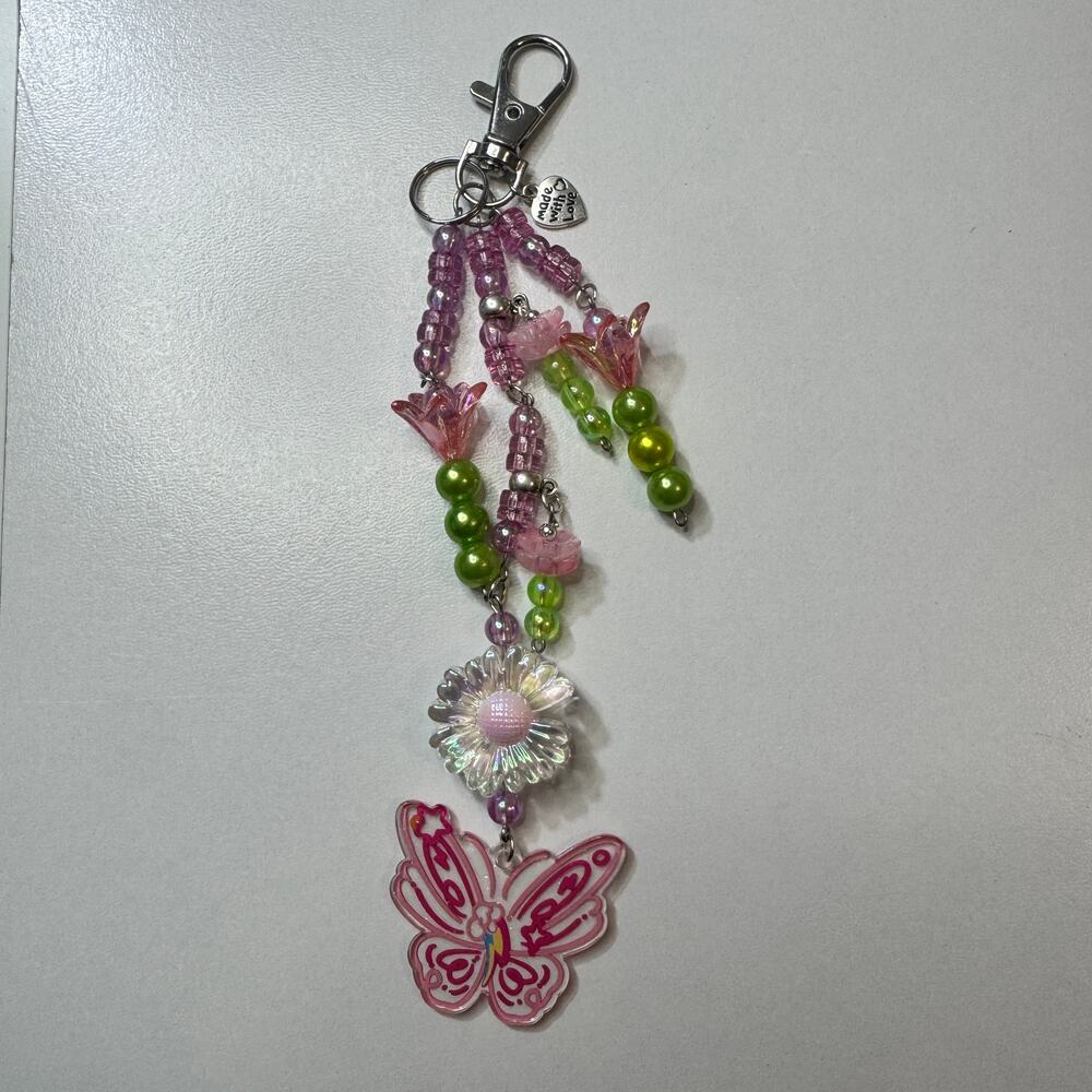 “Pixie Garden Flutter” Charm Handmade - Keychain Pink Butterfly, Floral Dangle